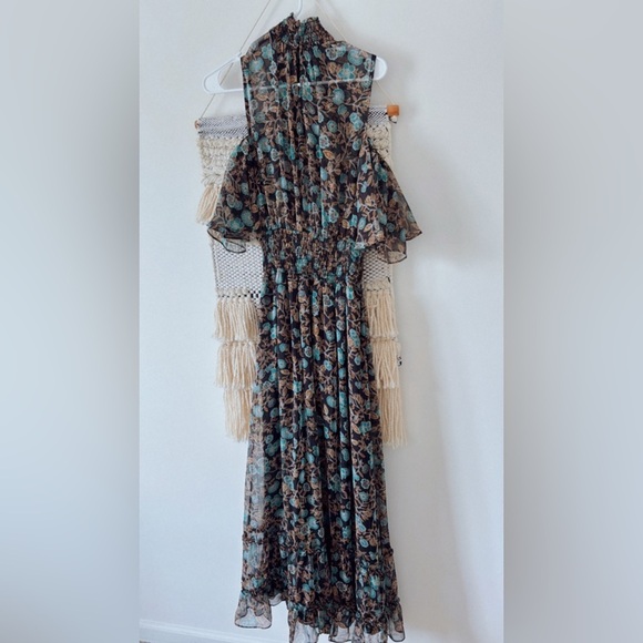 Misa Los Angeles Plum Maxi Dress in Chiffon Turquoise Gold Cold Shoulder Floral - Picture 4 of 6